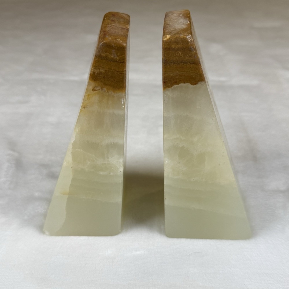 Vintage Green Onyx Marble Bookends Pair Natural Stone Brown Banded 7in Geometric - Picture 2 of 10